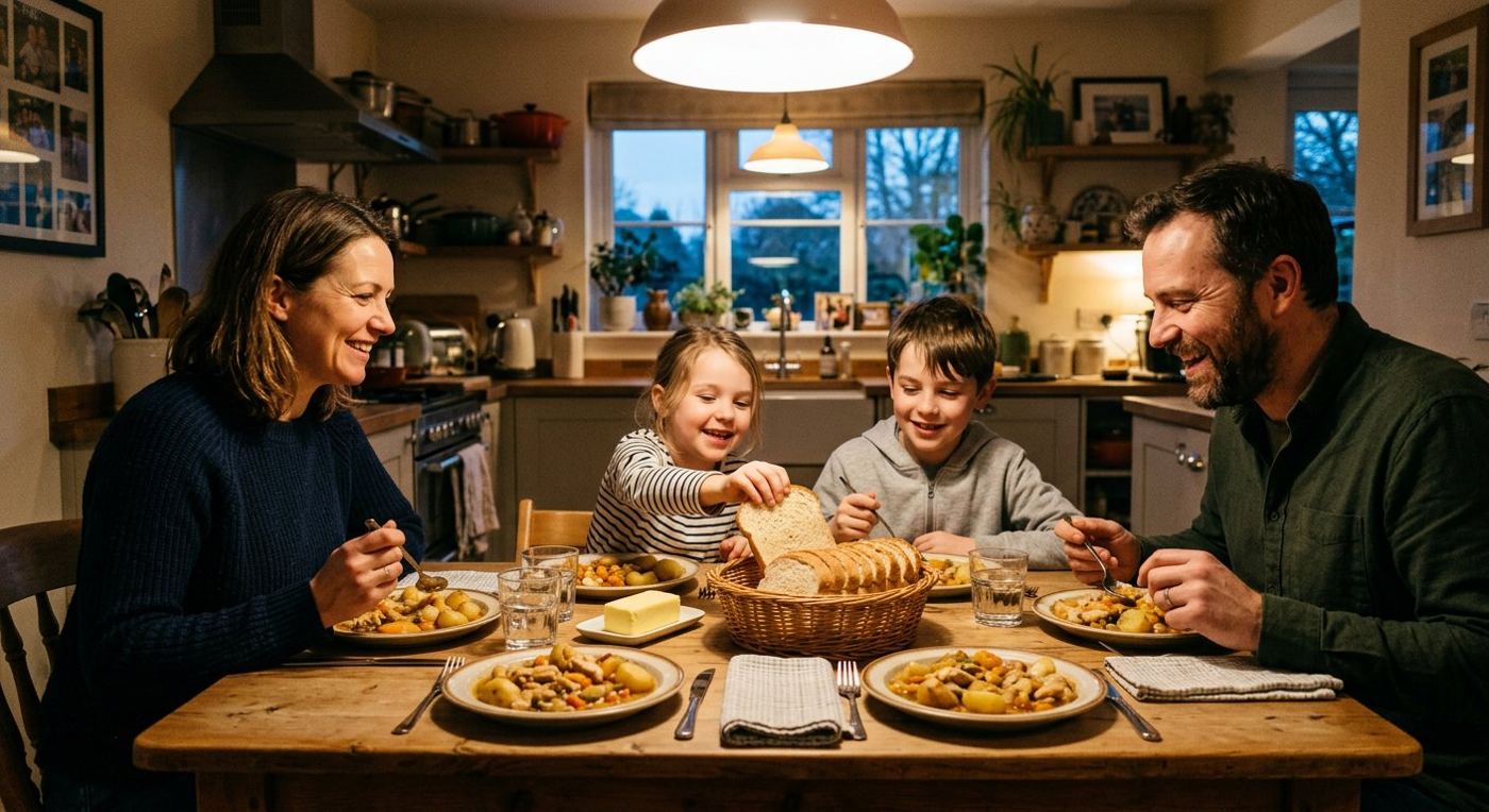 Whole family eating the same gluten-free family dinner together
