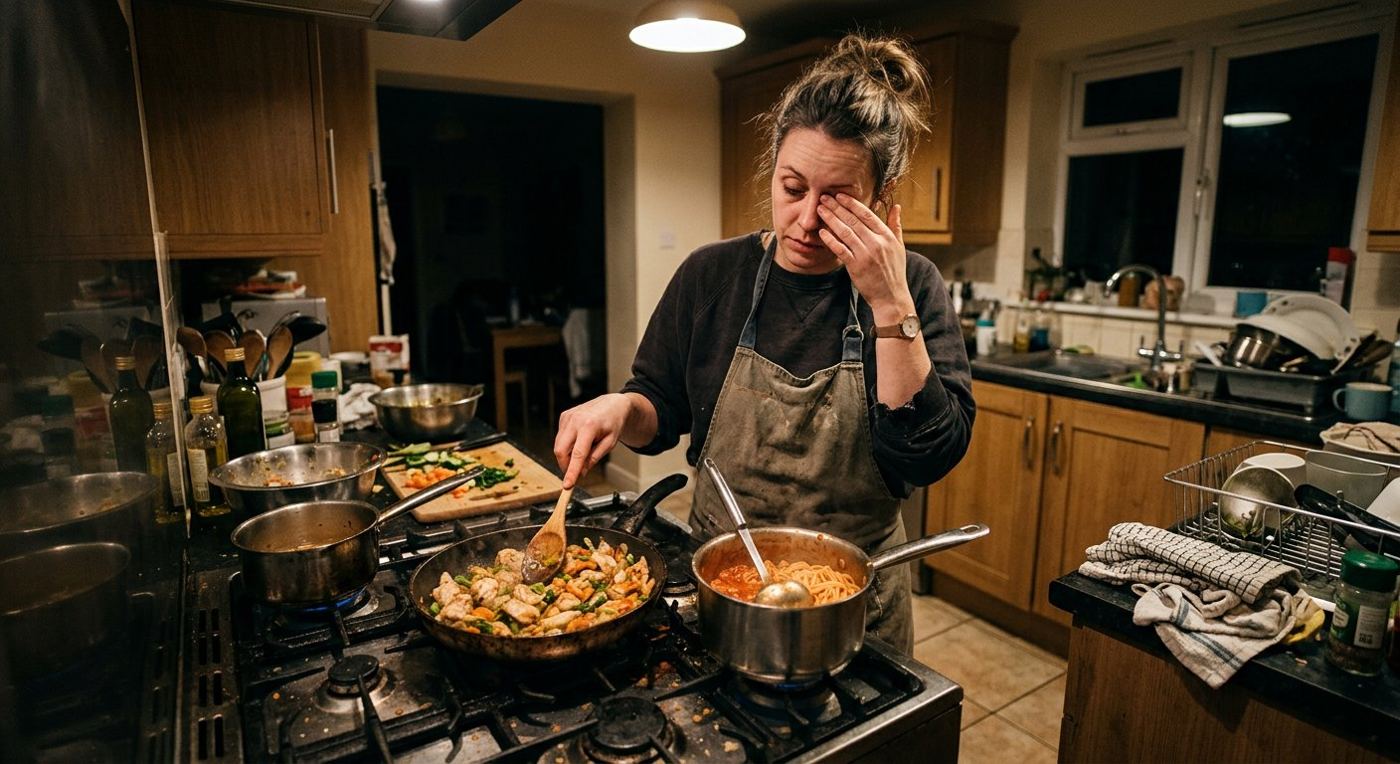 Tired mom cooking two separate dinners for gluten-free family member
