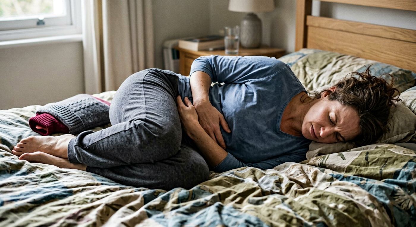 Woman with bloating and IBS stomach pain after eating gluten