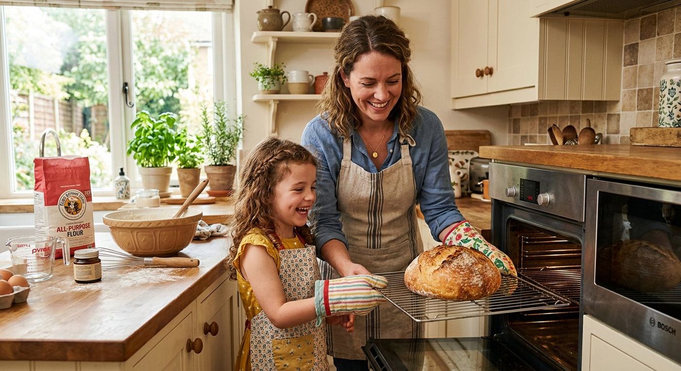 Mother and daughter baking soft homemade gluten-free bread