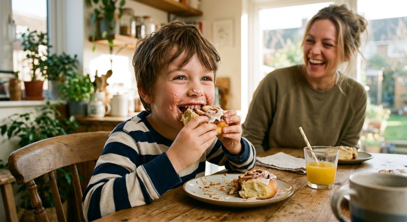 Happy kid enjoying homemade gluten-free cinnamon roll