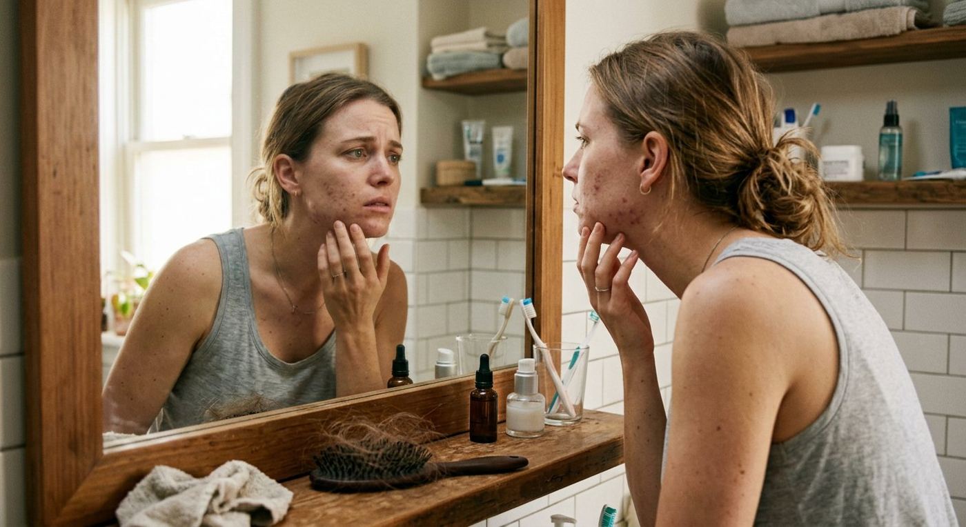 Woman with hair loss and acne, hormonal symptoms associated with gluten intolerance