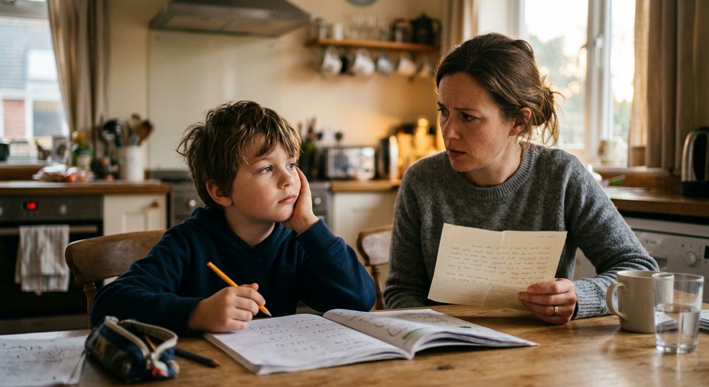 Child with focus and attention problems doing homework, gluten sensitivity in kids