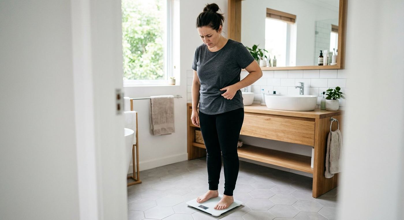 Woman on scale struggling with stubborn weight gain and inflammation